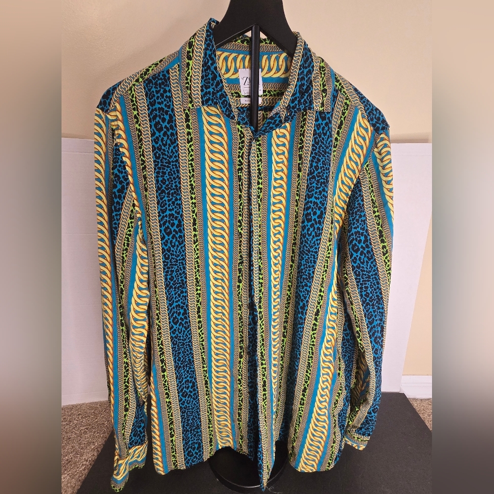 Zara Multicolor Striped Button-Down Shirt - Blue, Yellow, Green, Black